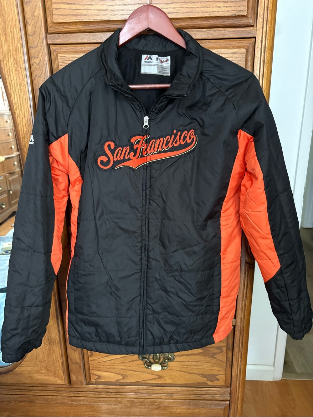 Majestic Black Puffer Jacket with Orange Trim